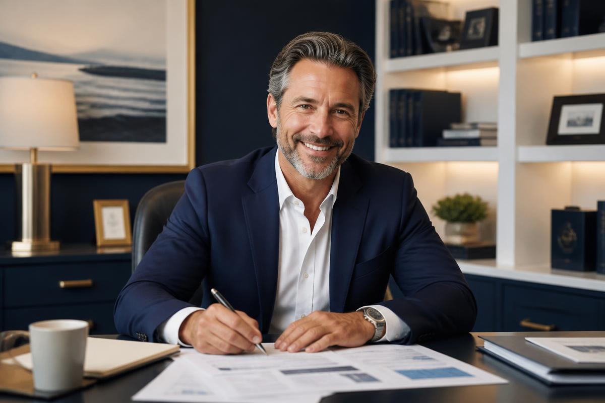 James, a business owner, reviewing his policy illustration at his desk